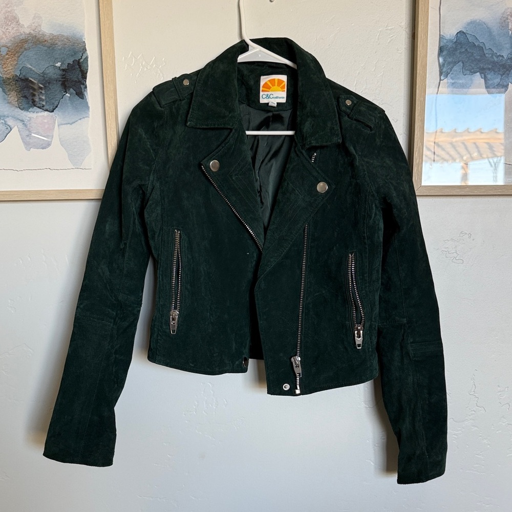 Dark Green Biker Leather Suede Jacket